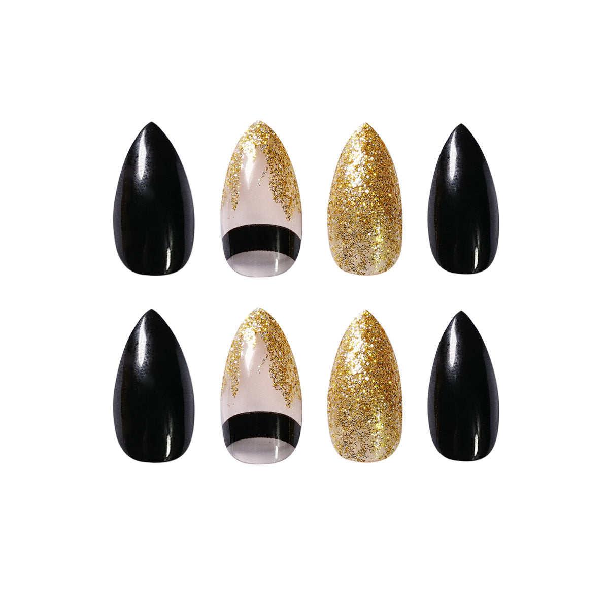 Black Gold Glitter Pointed Press-On Nails — Luxury Stiletto Fake Nails | 24pcs — Prime Trend Market