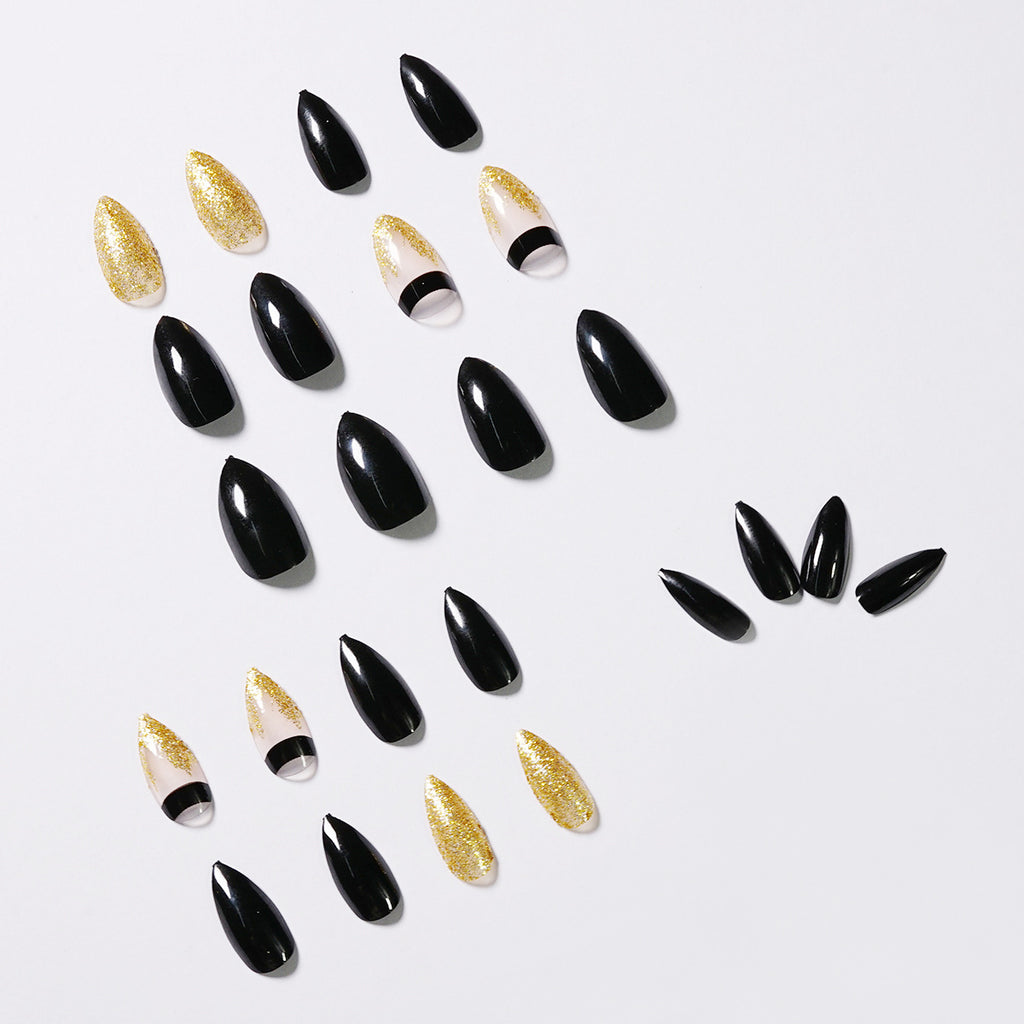 Black Gold Glitter Pointed Press-On Nails — Luxury Stiletto Fake Nails | 24pcs — Prime Trend Market