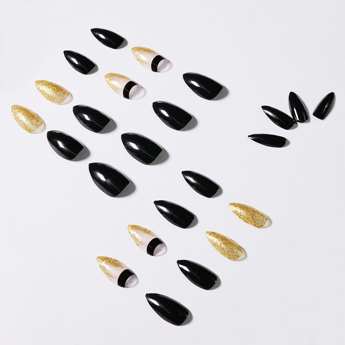 Black Gold Glitter Pointed Press-On Nails — Luxury Stiletto Fake Nails | 24pcs — Prime Trend Market