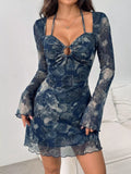 Navy Printed Mesh Cutout Long-Sleeve Mini Dress