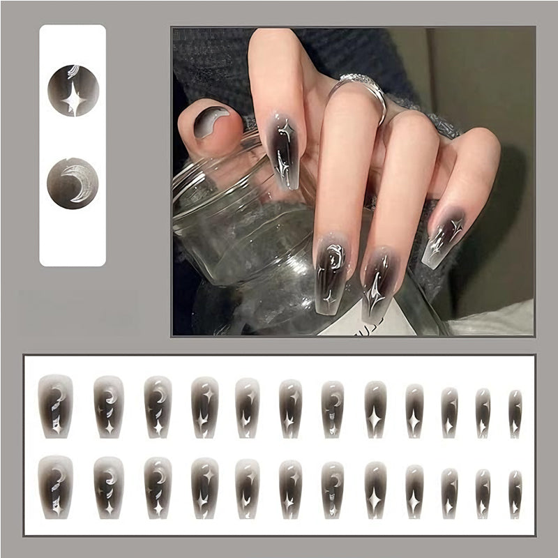 Black Silver Star Press-On Nails – 24 PCS Long Square Head Shape | Edgy Y2K Alt-Girl Design — Prime Trend Market