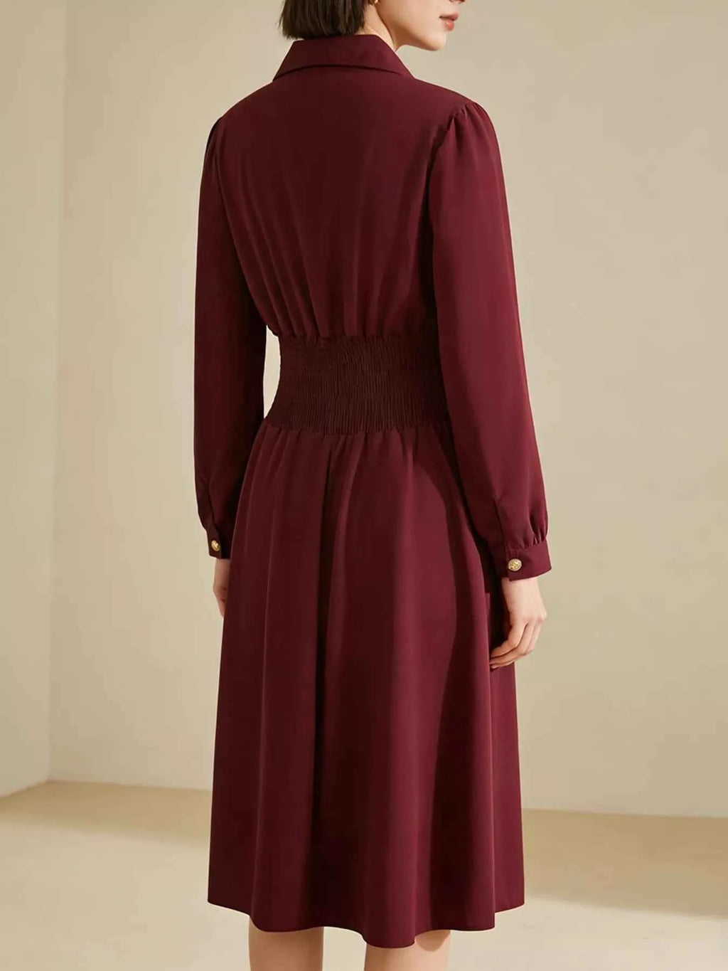 Burgundy Johnny-Collar Long-Sleeve Dress