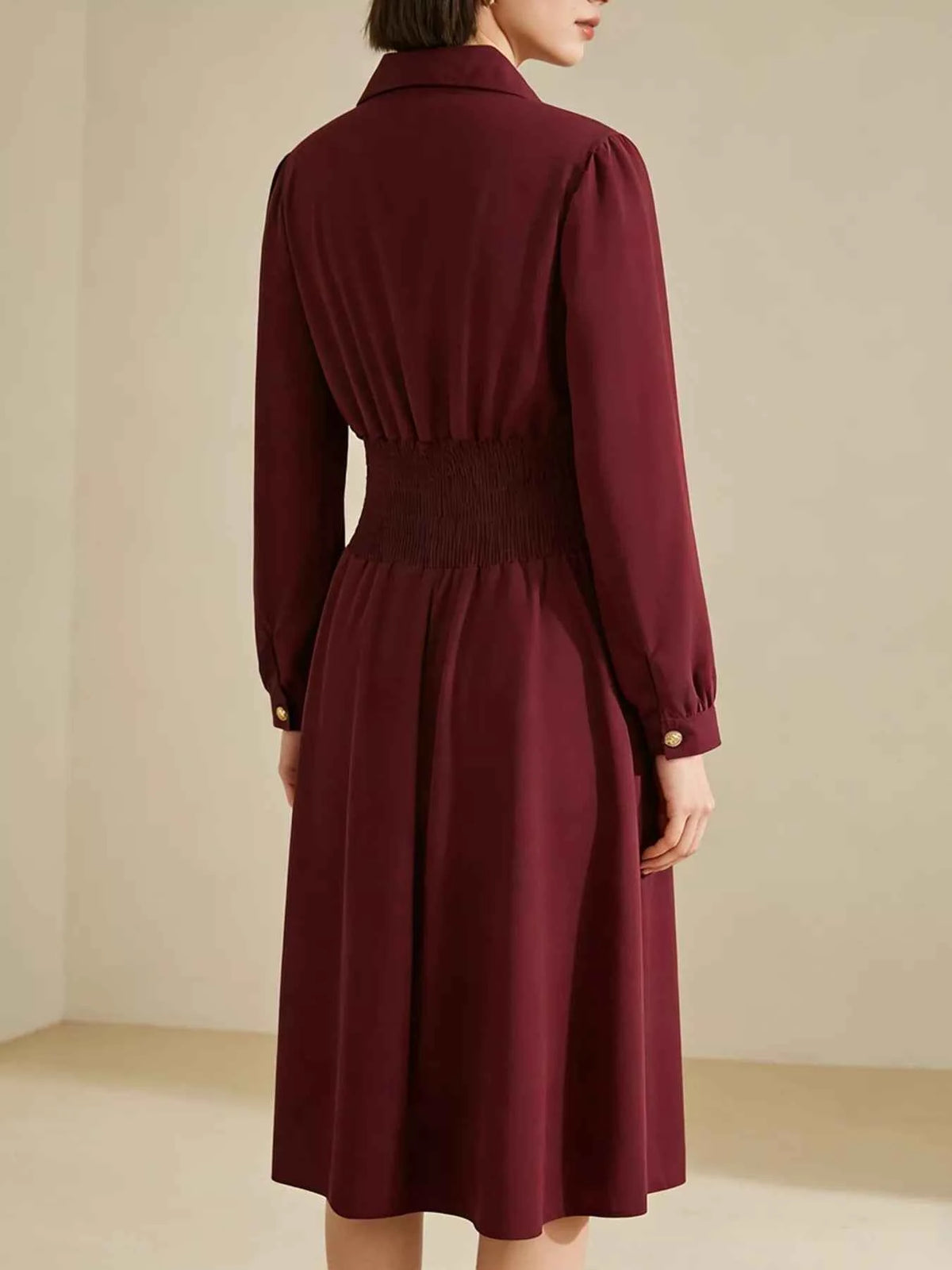Burgundy Johnny-Collar Long-Sleeve Dress