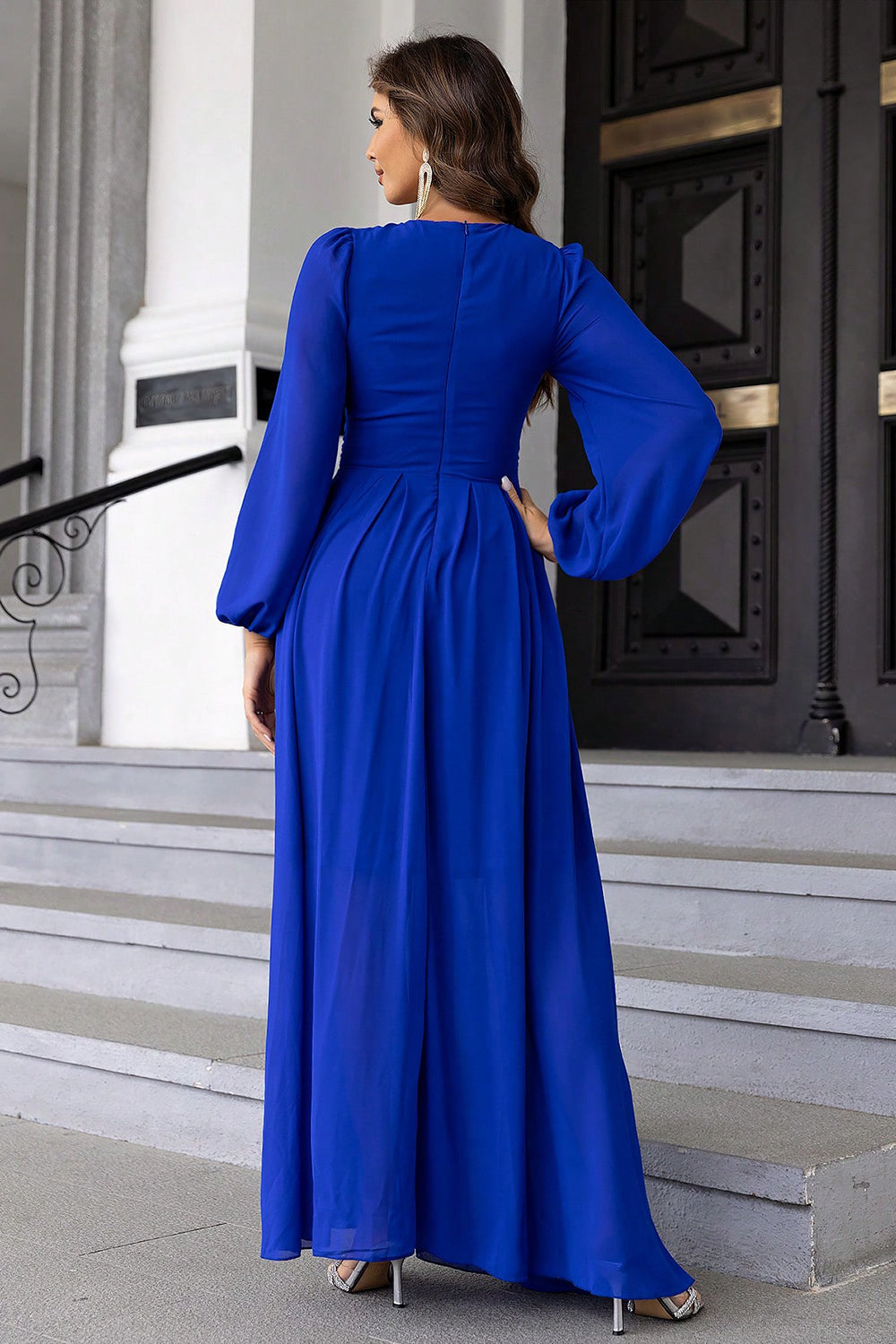 Royal Blue Twist-Front Cutout Long-Sleeve Maxi Dress