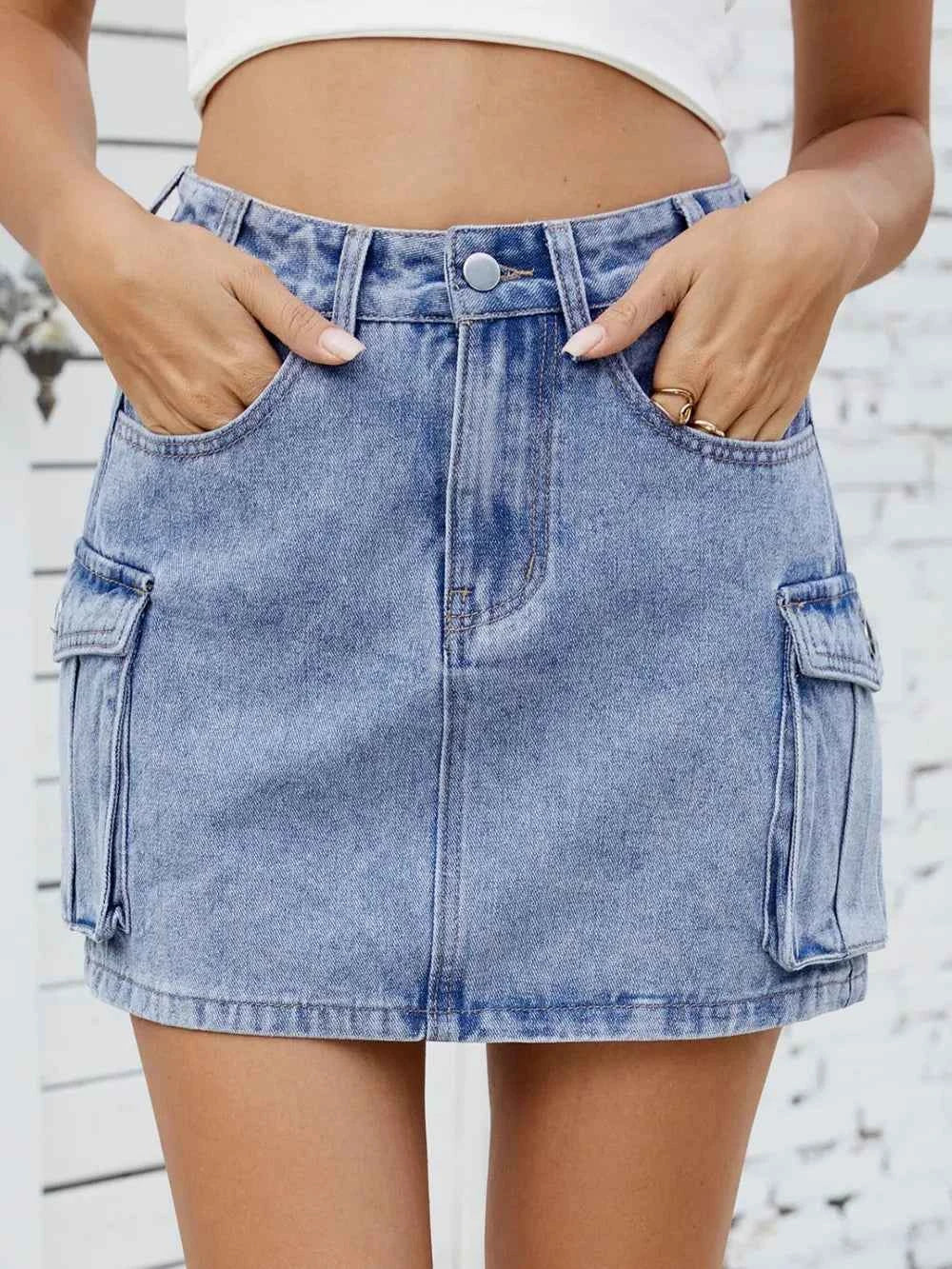 Denim-Look Cargo Mini Skirt