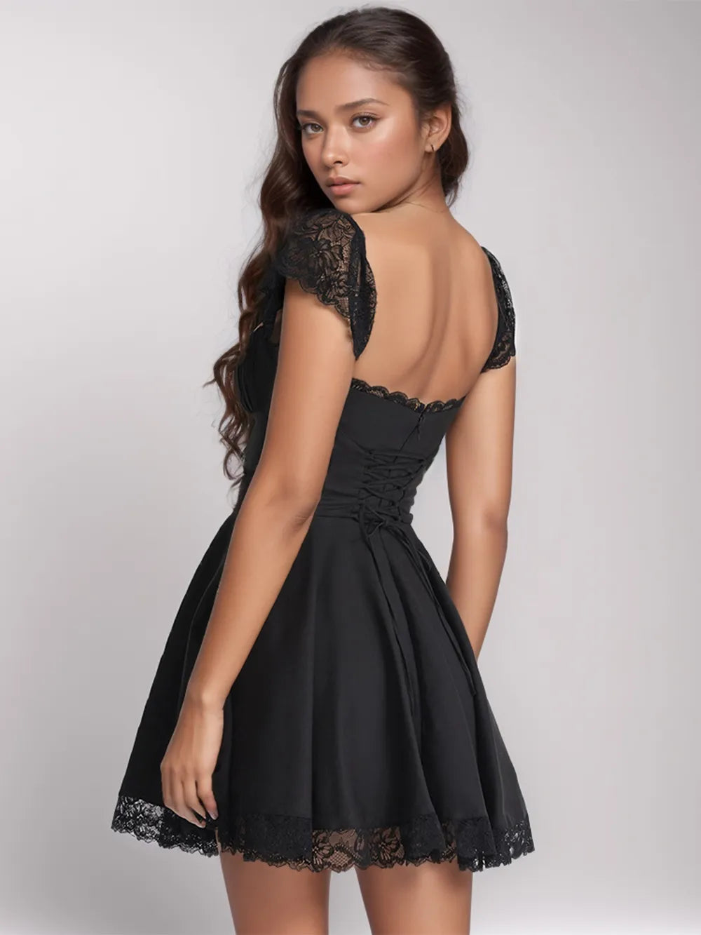Lace-Detail Square-Neck Cap-Sleeve Mini Dress