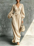Pleated V-Neck Tie-Waist Maxi Dress