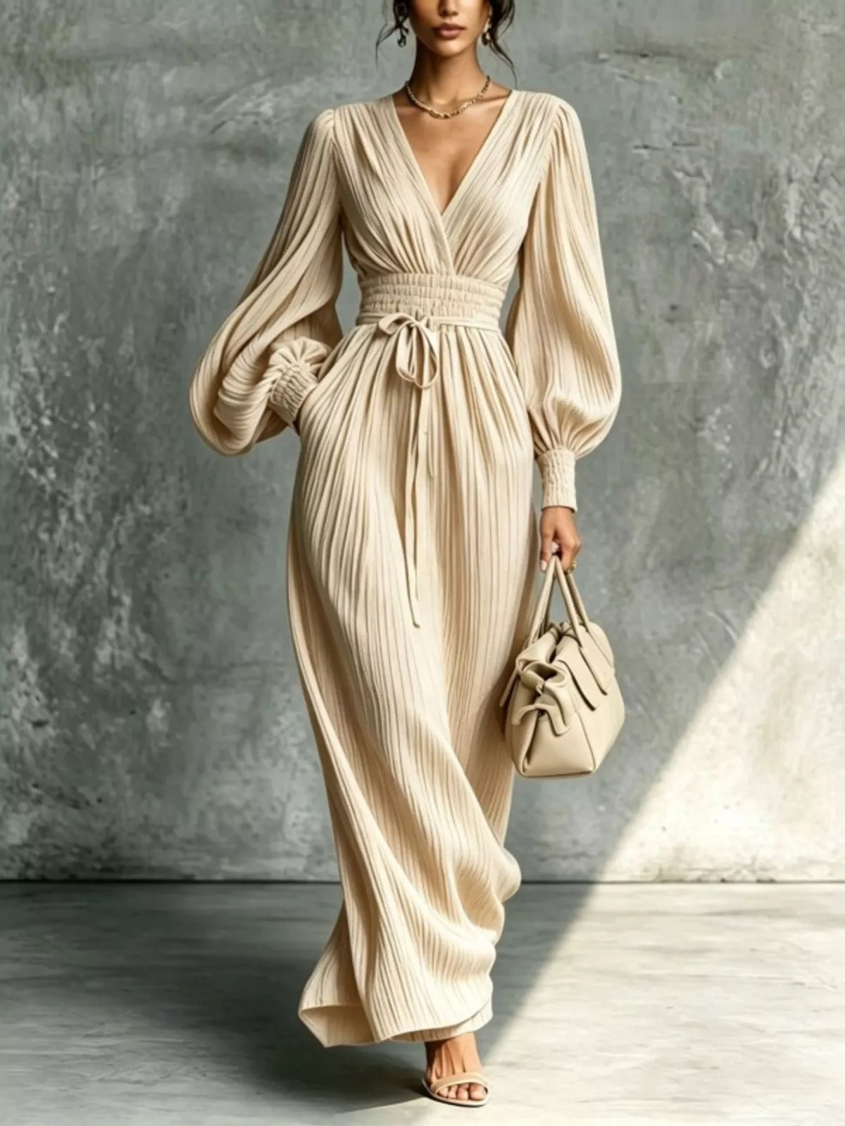 Pleated V-Neck Tie-Waist Maxi Dress