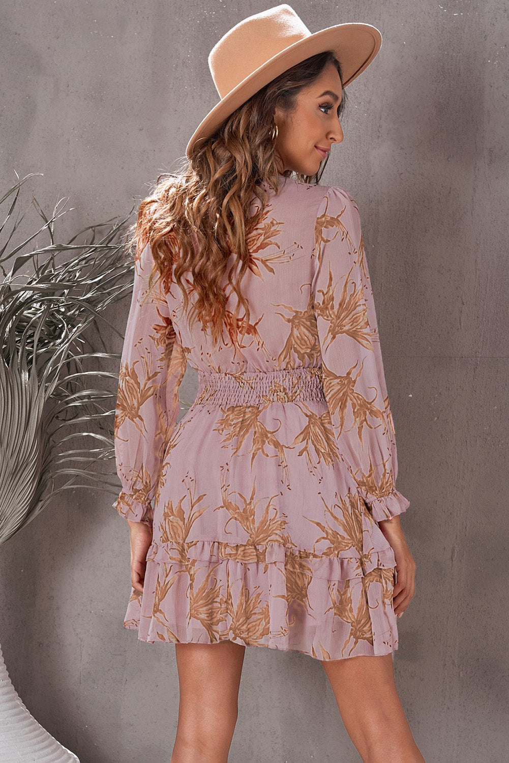 Floral Plunge-Neck Tie-Front Ruffle-Hem Mini Dress