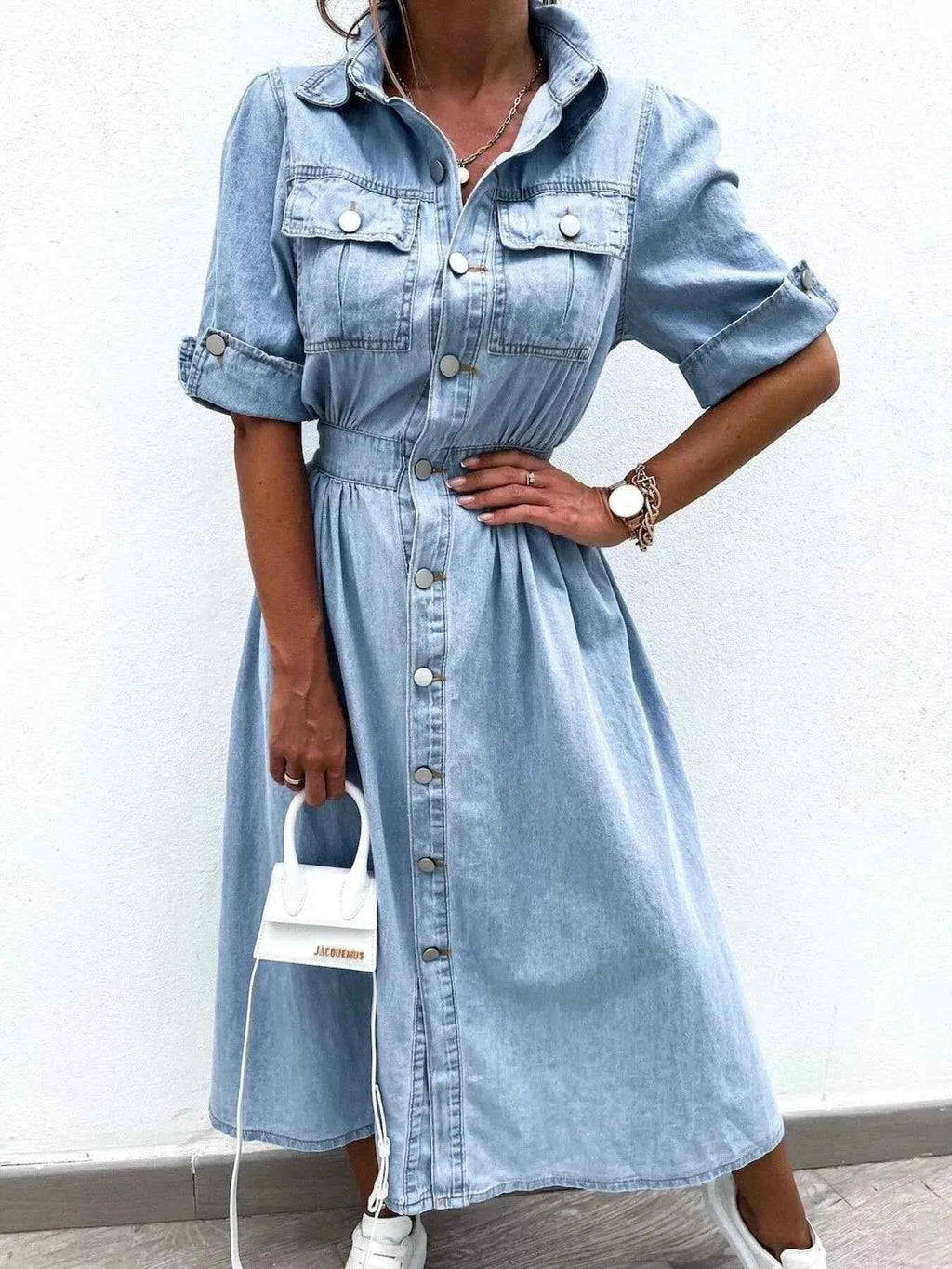 Light Blue Denim-Look Button-Down Shirt Dress