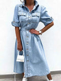 Light Blue Denim-Look Button-Down Shirt Dress