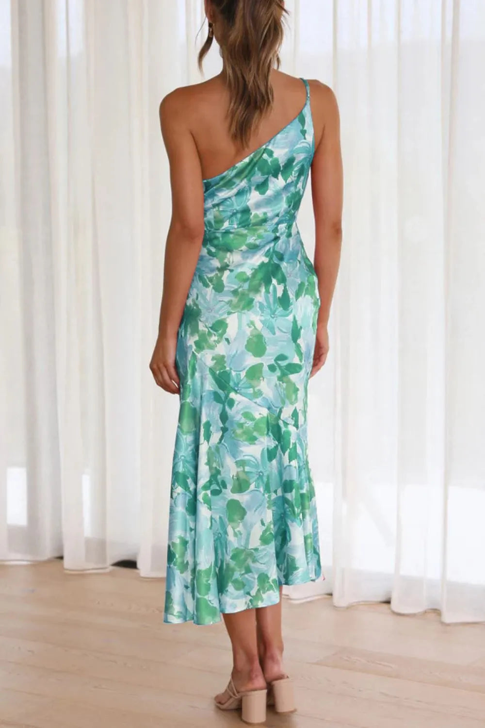 Teal Printed One-Shoulder Ruched Midi Dress