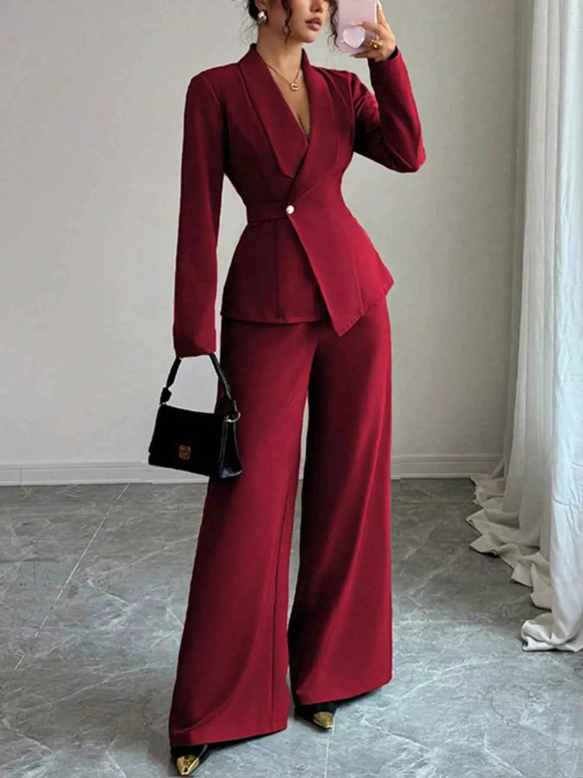 Single-Button Blazer & Wide-Leg Pants Set