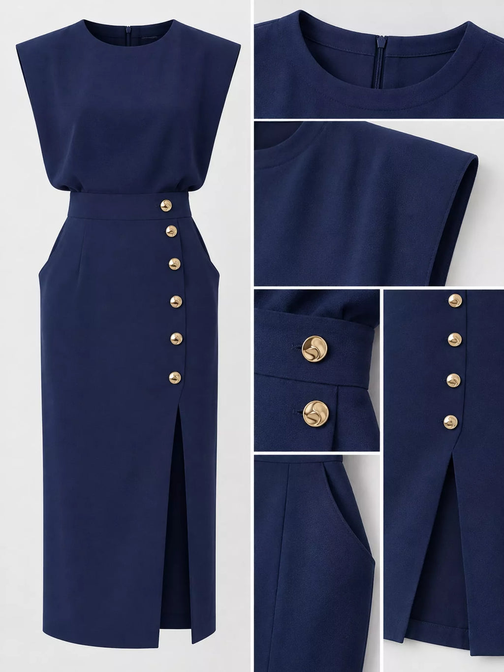 Sleeveless Gold-Tone Button-Detail Midi Dress
