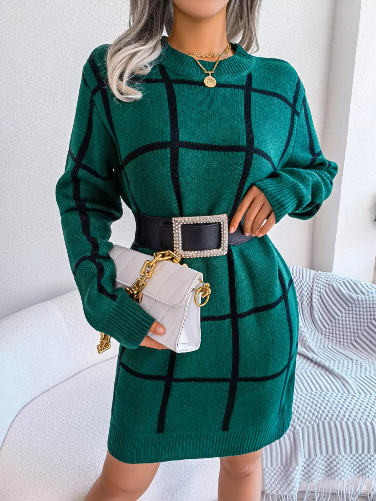 Windowpane Plaid Round-Neck Sweater Mini Dress