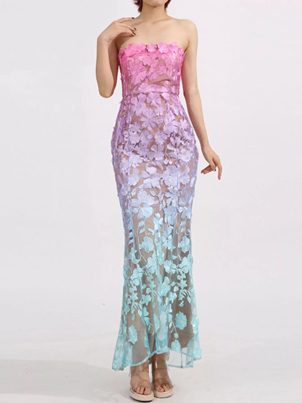 Floral-Embroidered Tube Maxi Dress