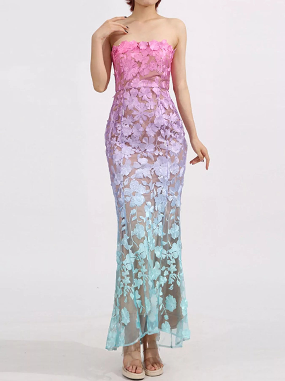 Floral-Embroidered Tube Maxi Dress