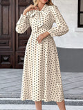 Polka-Dot Tie-Neck Long-Sleeve Midi Dress