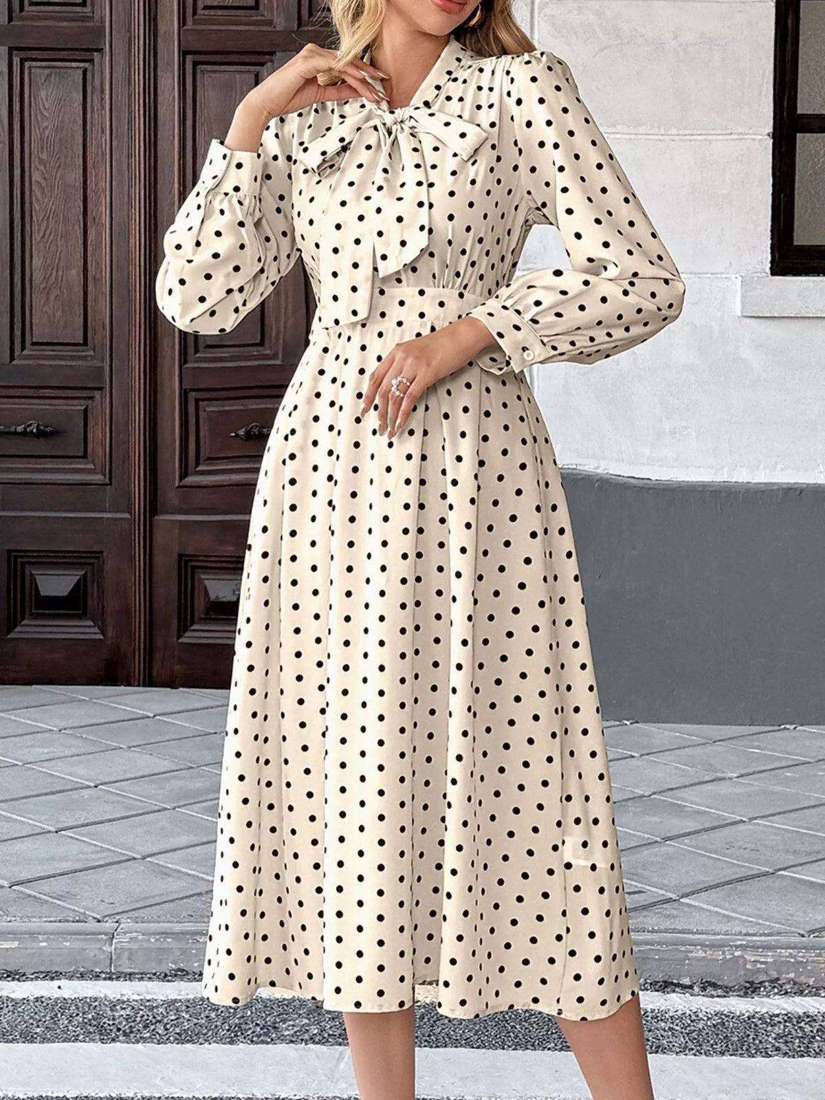 Polka-Dot Tie-Neck Long-Sleeve Midi Dress