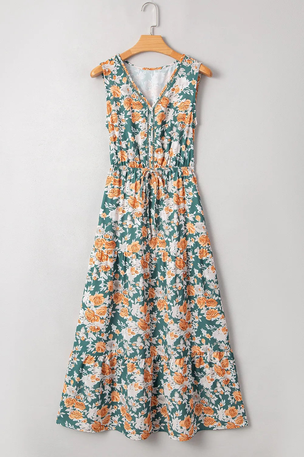 Floral V-Neck Tie-Waist Sleeveless Tiered Dress