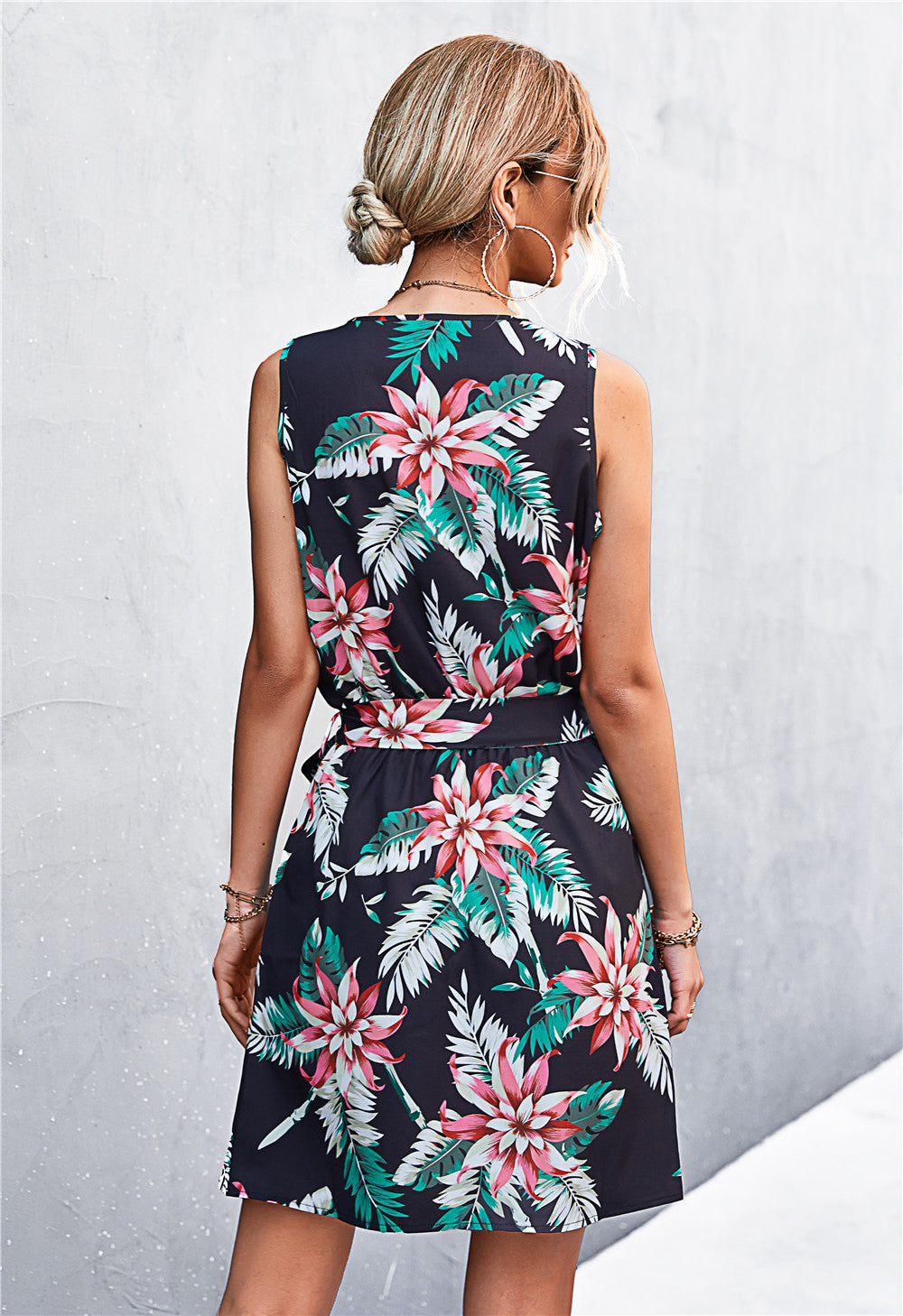 Printed Zip-Detail Belted Sleeveless Mini Dress