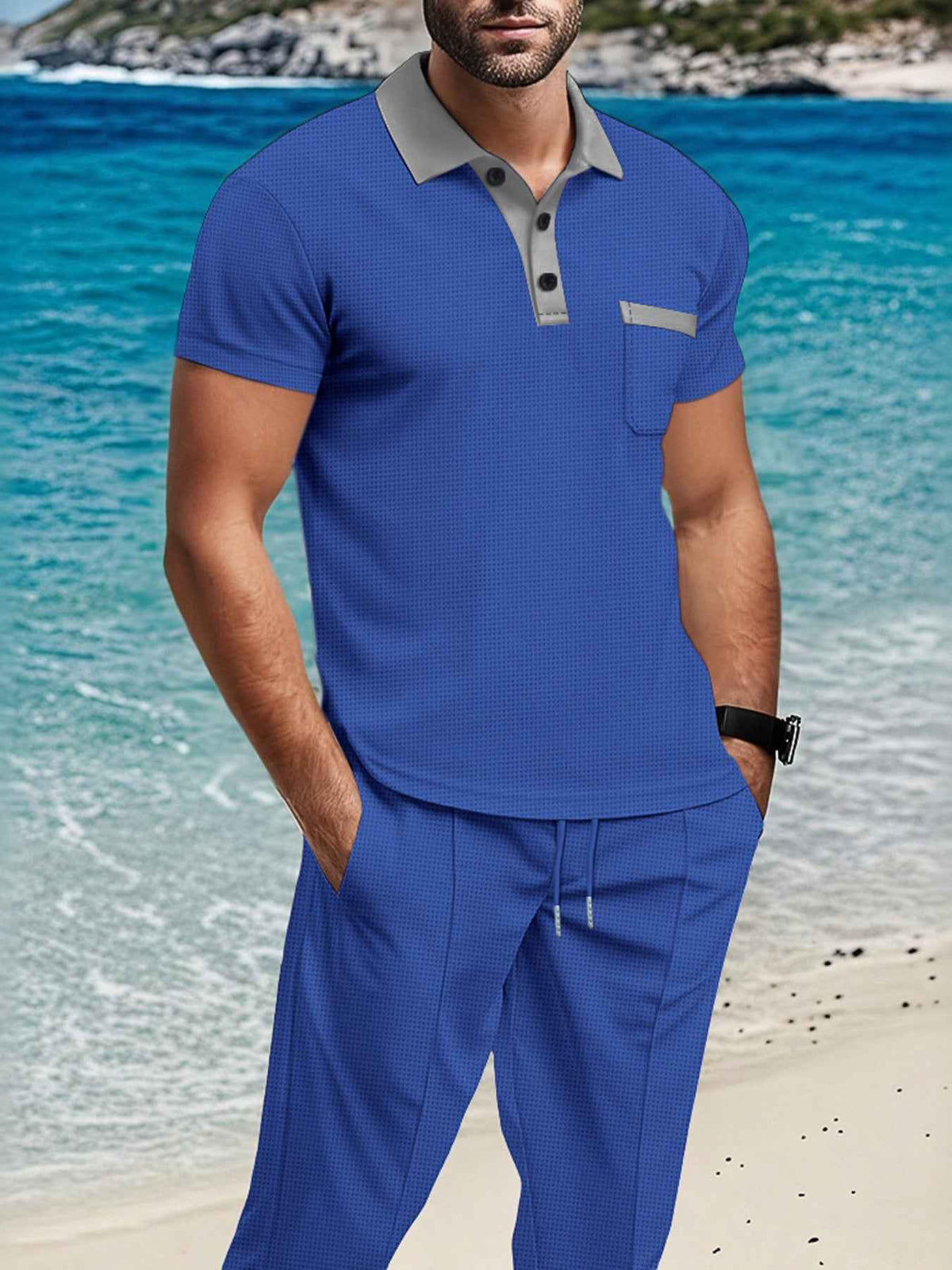 Men’s Contrast-Trim Polo & Drawstring Pants Set