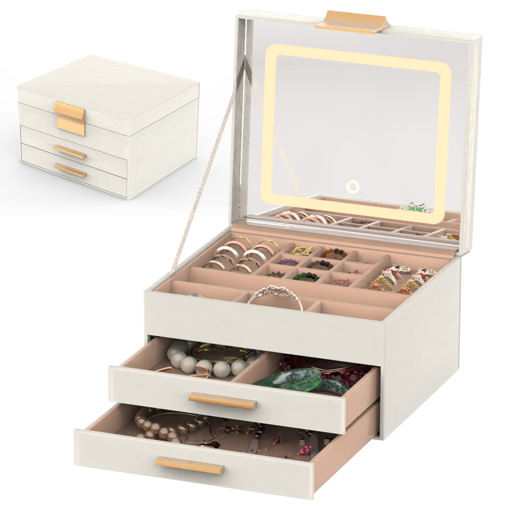 3-Layer Jewelry Box with LED Mirror & 2 Drawers – PU Leather Organizer, 3 Light Colors | Creamy White — Prime Trend Market