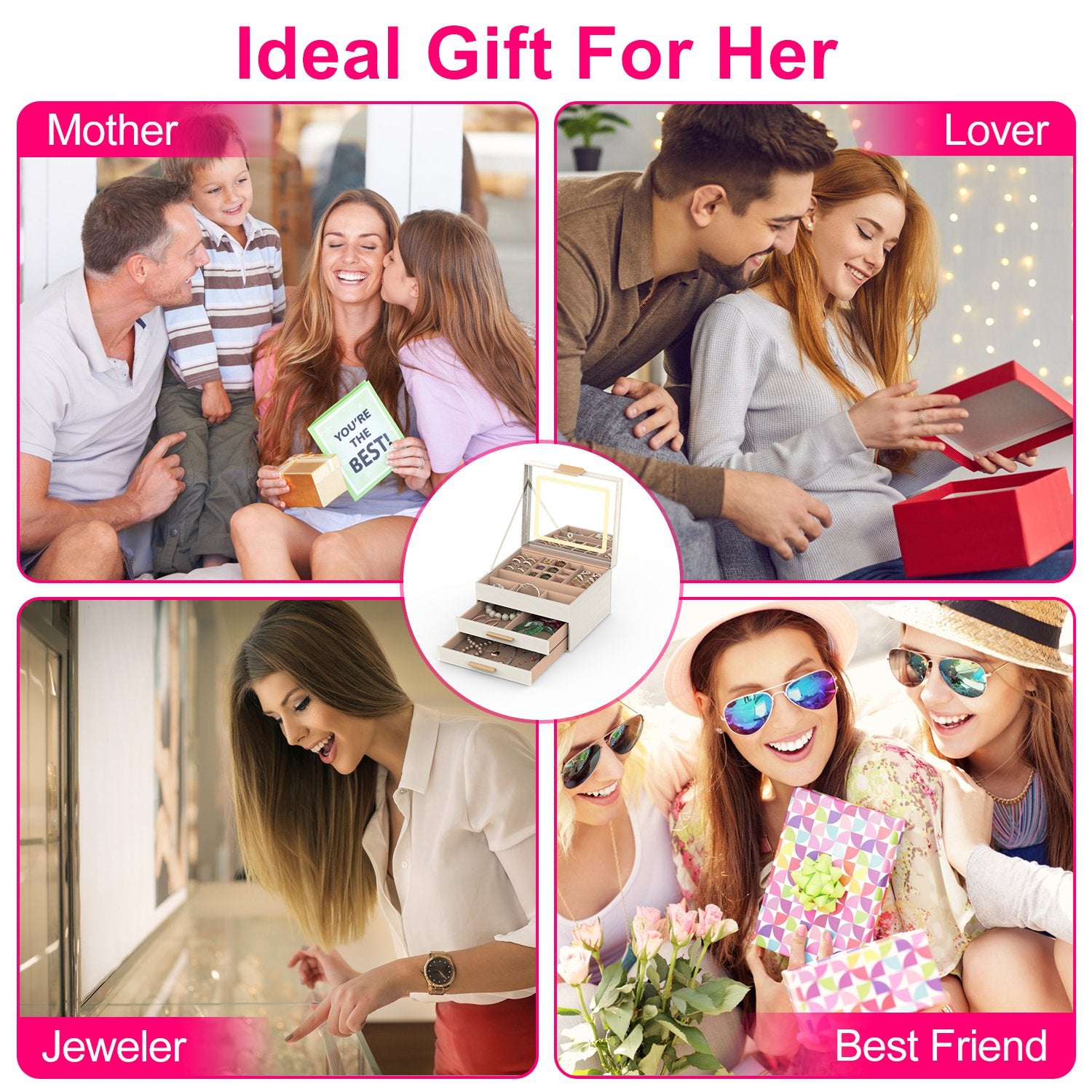 3-Layer Jewelry Box with LED Mirror & 2 Drawers – PU Leather Organizer, 3 Light Colors | Creamy White — Prime Trend Market