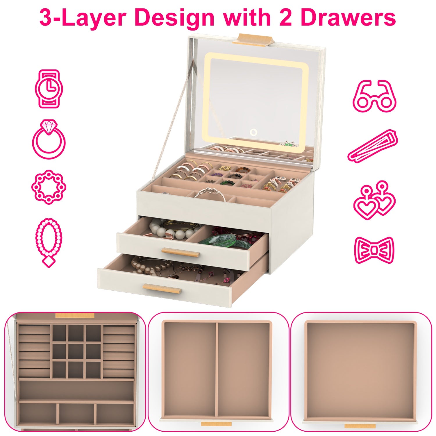 3-Layer Jewelry Box with LED Mirror & 2 Drawers – PU Leather Organizer, 3 Light Colors | Creamy White — Prime Trend Market