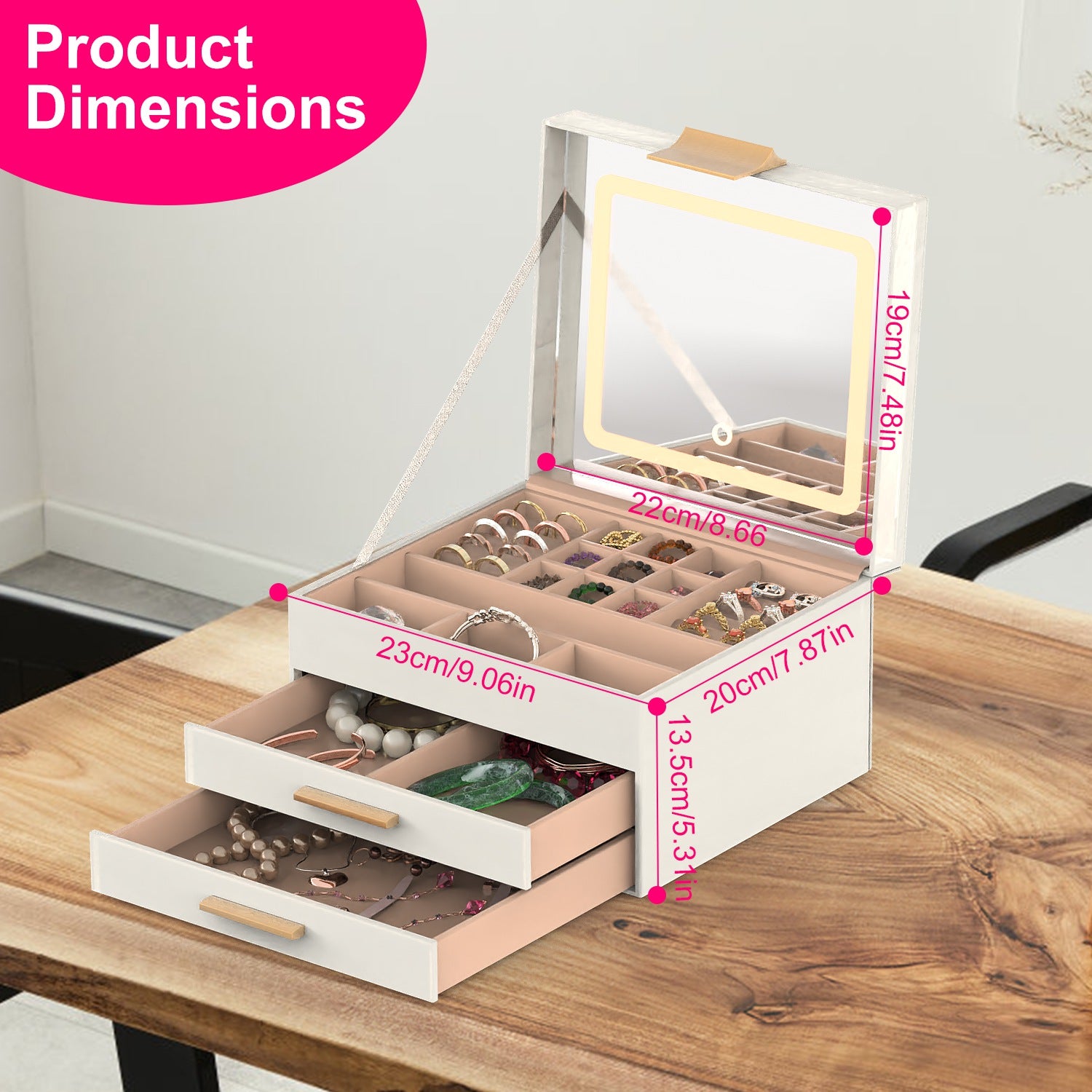 3-Layer Jewelry Box with LED Mirror & 2 Drawers – PU Leather Organizer, 3 Light Colors | Creamy White — Prime Trend Market