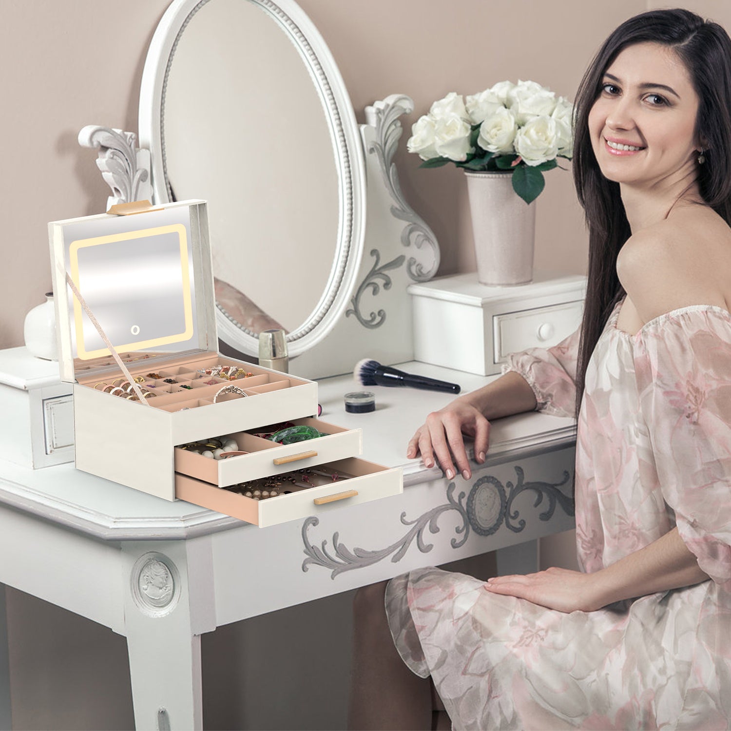3-Layer Jewelry Box with LED Mirror & 2 Drawers – PU Leather Organizer, 3 Light Colors | Creamy White — Prime Trend Market