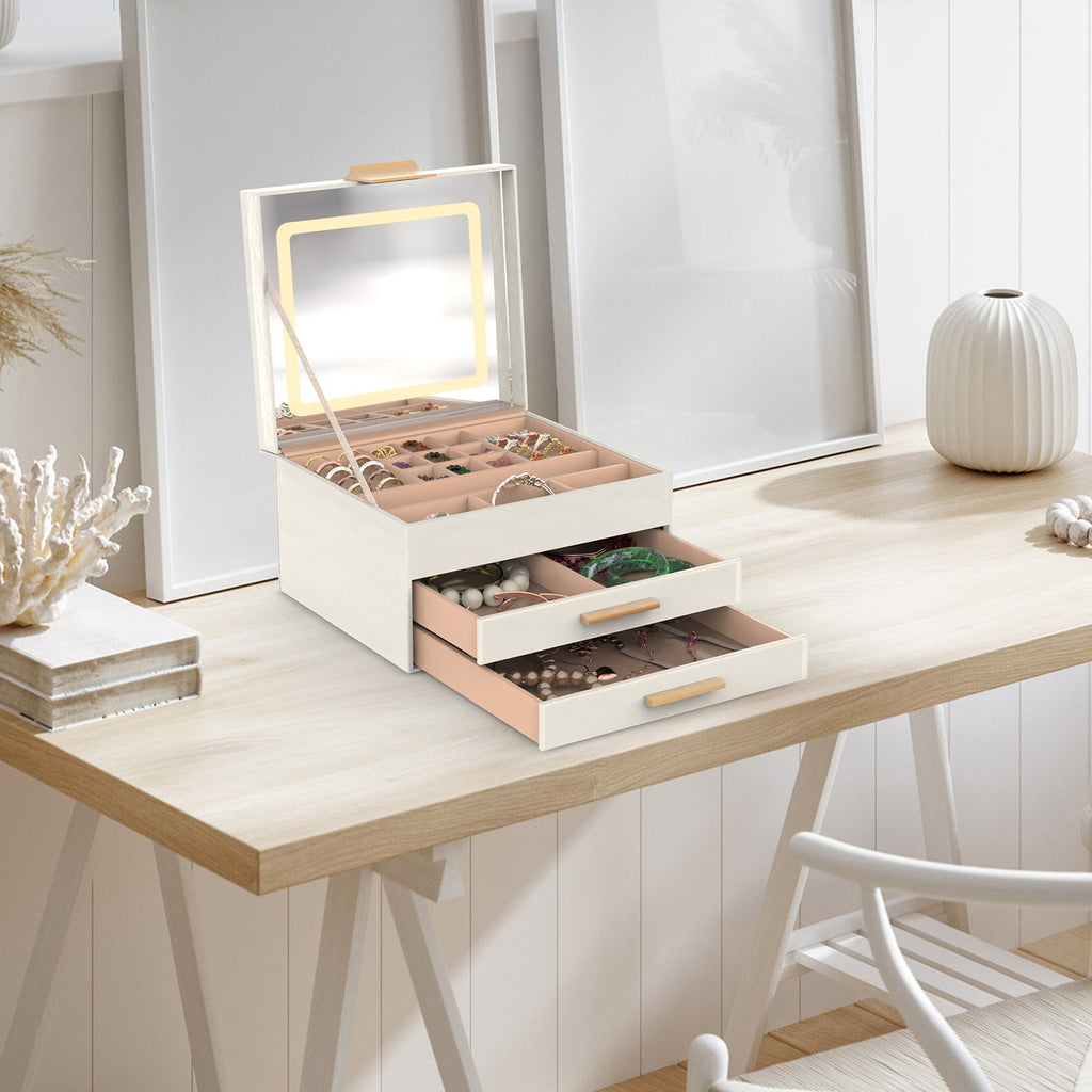 3-Layer Jewelry Box with LED Mirror & 2 Drawers – PU Leather Organizer, 3 Light Colors | Creamy White — Prime Trend Market