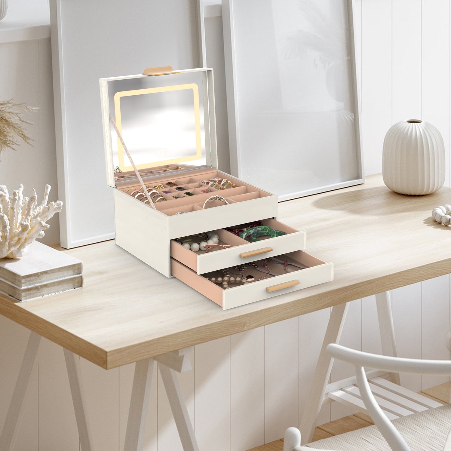 3-Layer Jewelry Box with LED Mirror & 2 Drawers – PU Leather Organizer, 3 Light Colors | Creamy White — Prime Trend Market