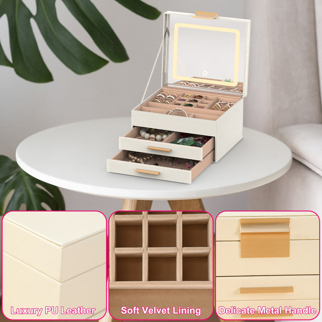 3-Layer Jewelry Box with LED Mirror & 2 Drawers – PU Leather Organizer, 3 Light Colors | Creamy White — Prime Trend Market