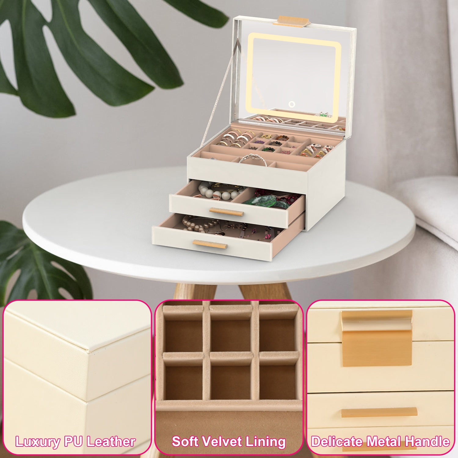 3-Layer Jewelry Box with LED Mirror & 2 Drawers – PU Leather Organizer, 3 Light Colors | Creamy White — Prime Trend Market