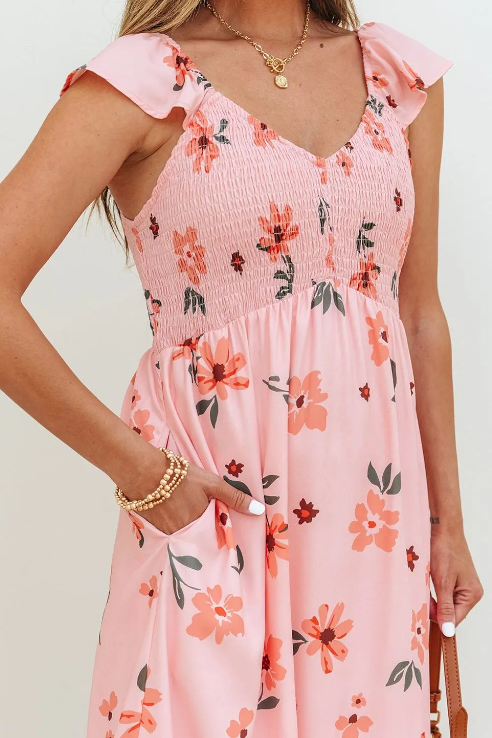 Floral Smocked Ruffle-Cap-Sleeve Maxi Dress
