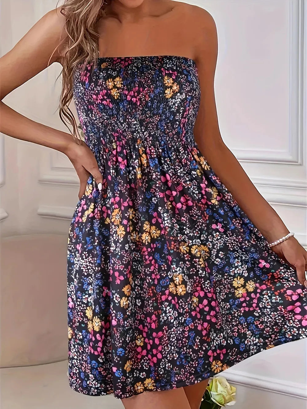Floral Smocked Strapless Mini Dress | S–3XL