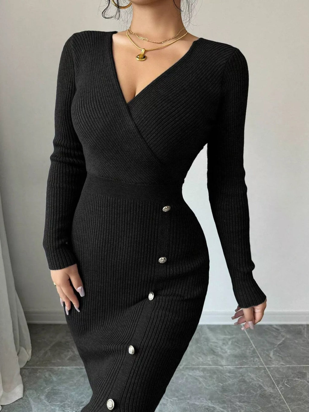 Ribbed Knit Sweater Dress with Decorative Buttons