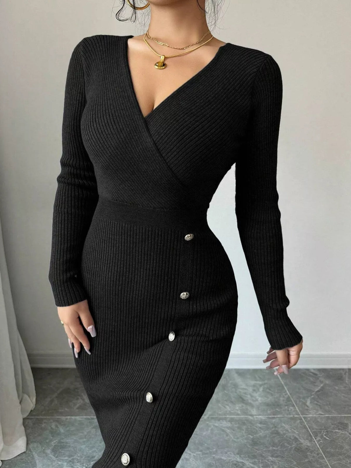 Ribbed Knit Sweater Dress with Decorative Buttons