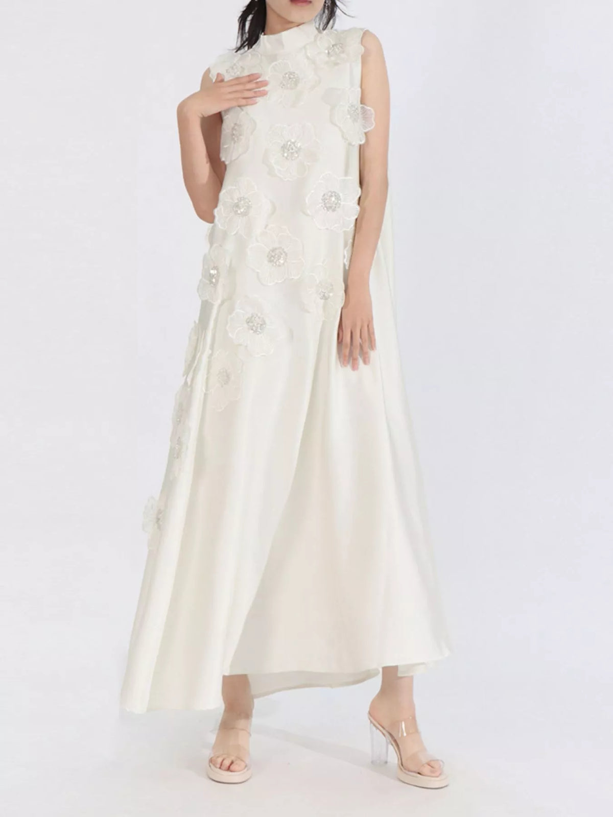 Floral-Embellished Sleeveless Maxi Dress