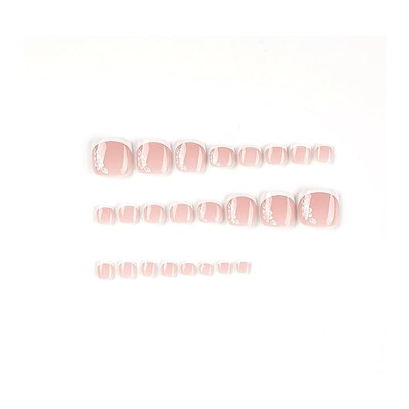 White Floral Press On Toenails — 24 PCS French Tip Short Square | Glue-On Fake Toe Nails for Women — Prime Trend Market