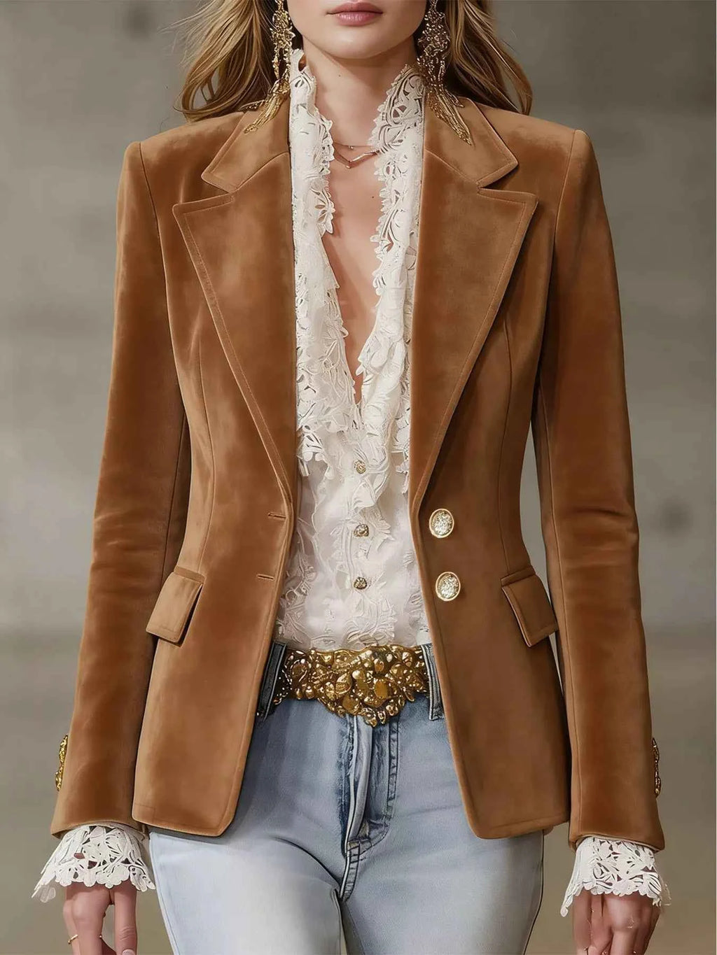 Brown Single-Breasted Lapel-Collar Blazer