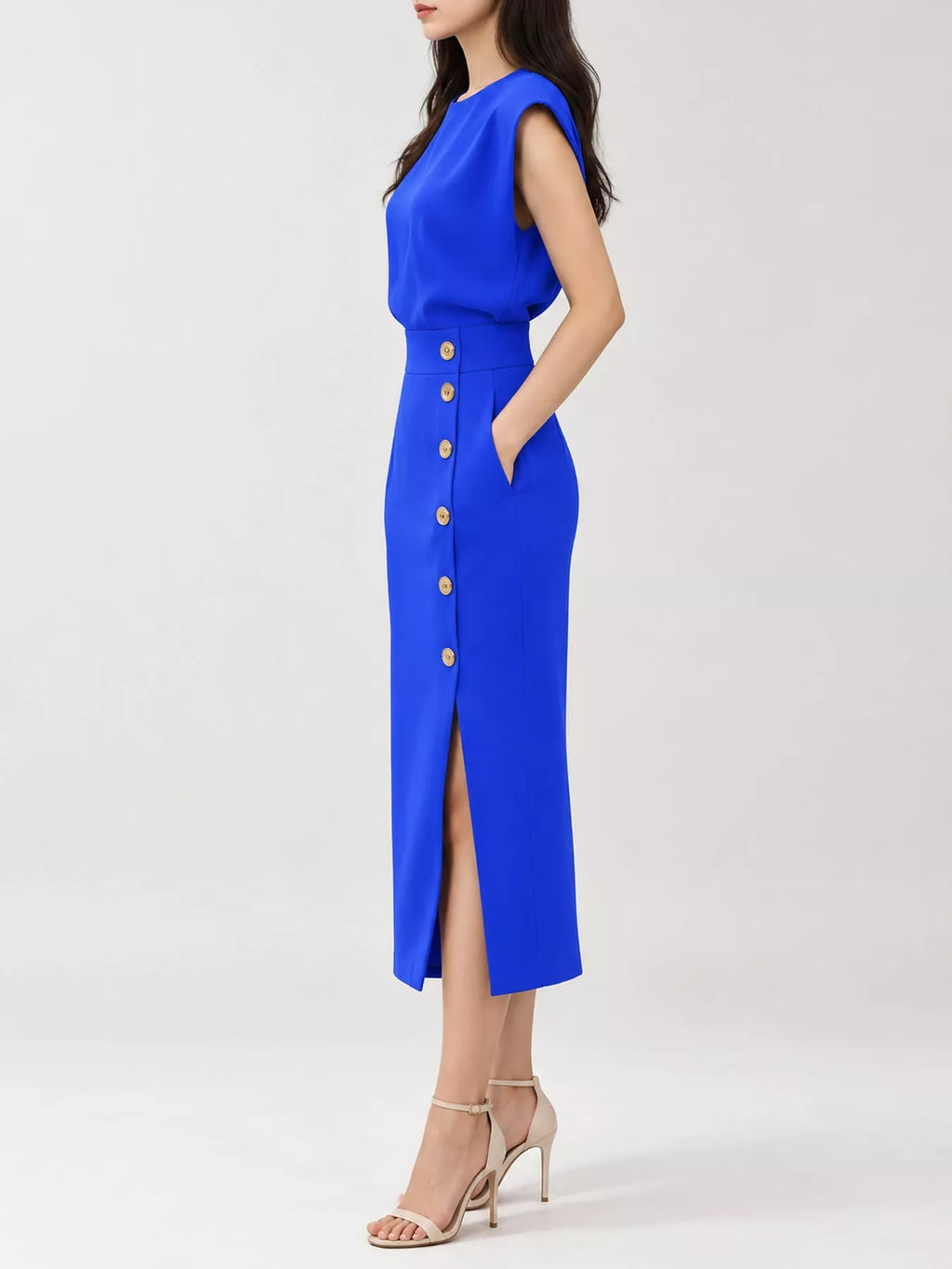 Sleeveless Gold-Tone Button-Detail Midi Dress