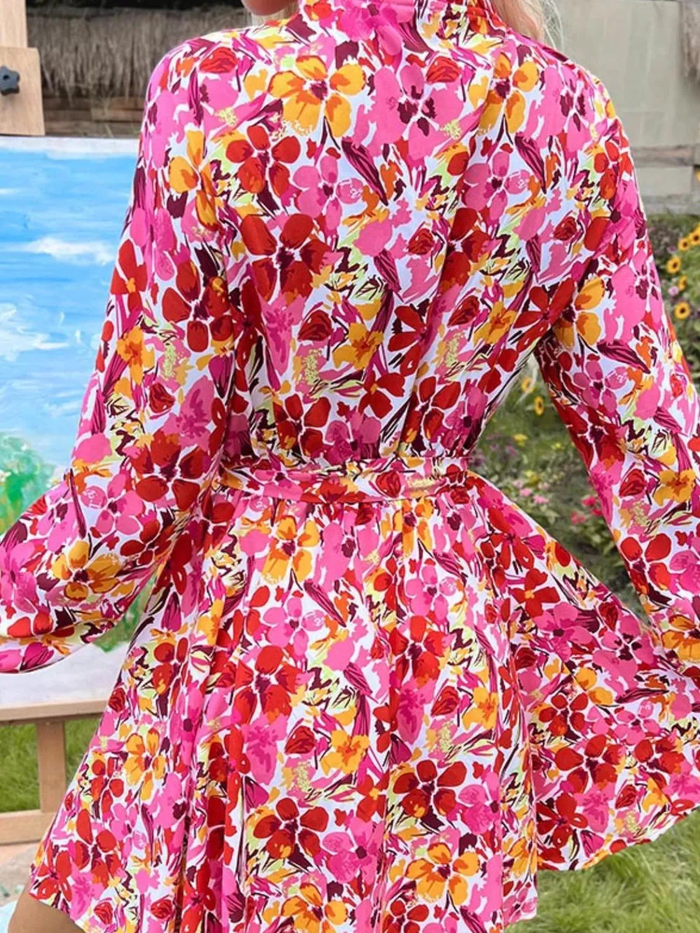 Perfee Floral Tie-Neck Long-Sleeve Mini Dress