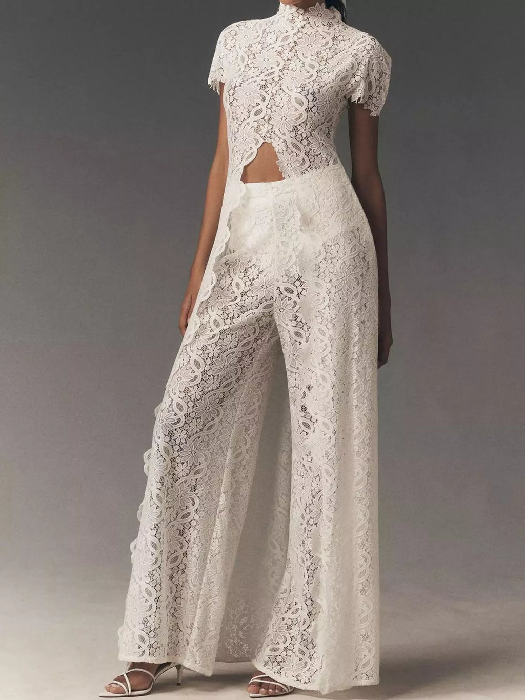 Elegant Lace Short Sleeve Top and Pants Set