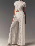 Elegant Lace Short Sleeve Top and Pants Set