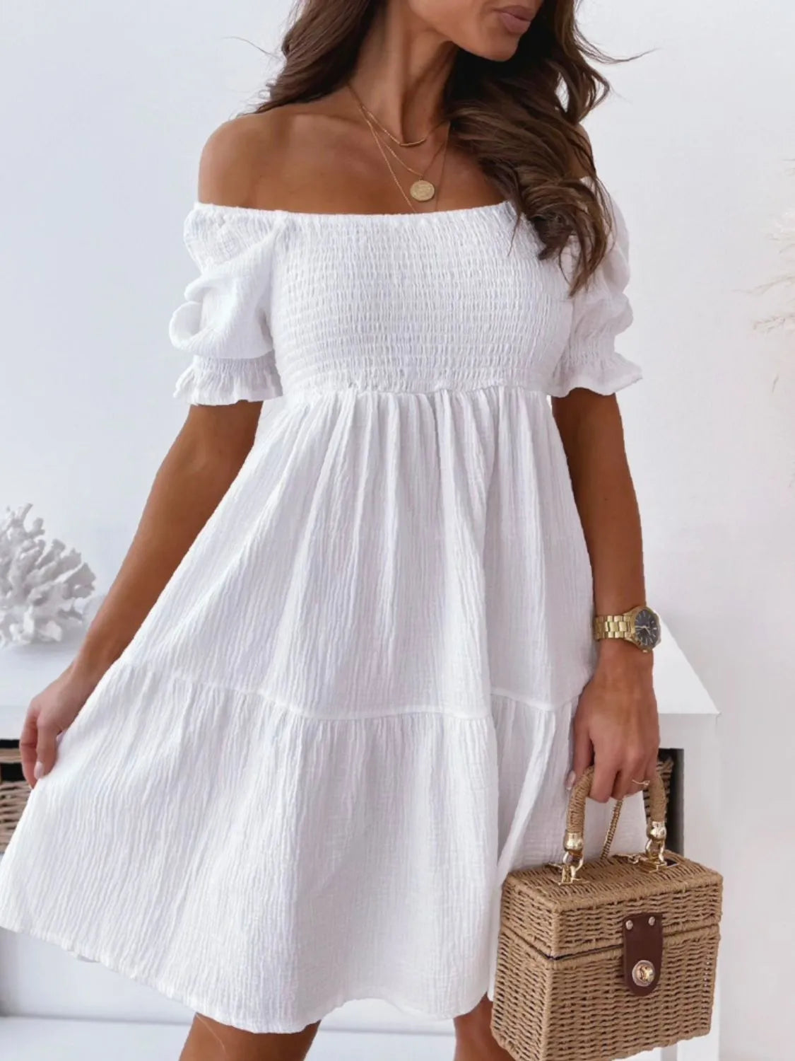 Smocked Off-Shoulder Short-Sleeve Mini Dress