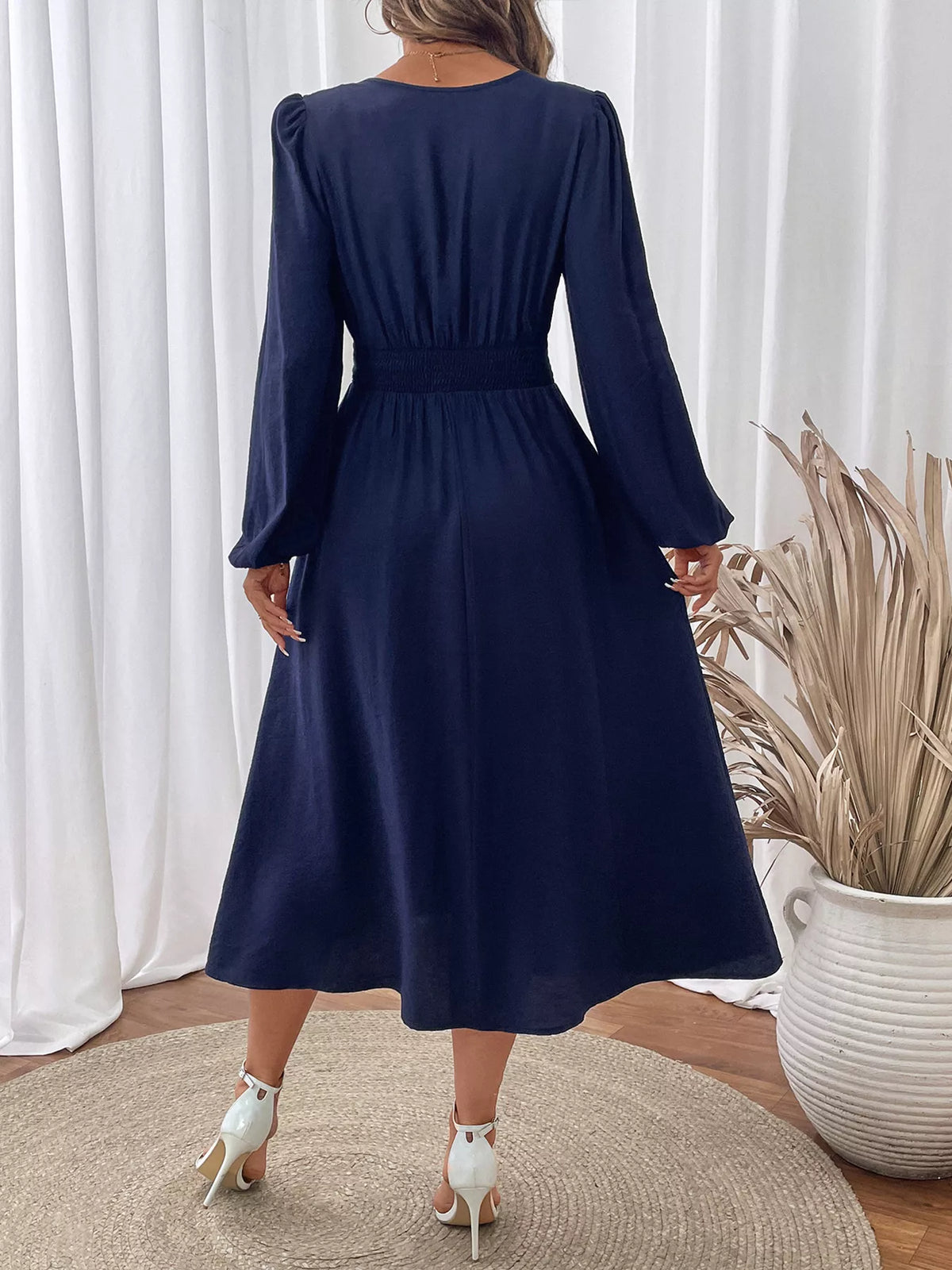Navy Embroidered Notched-Neck Long-Sleeve Midi Dress