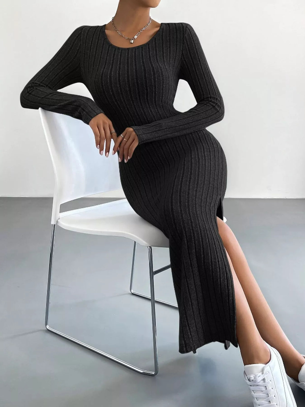 Long-Sleeve Side-Slit Ribbed Knit Midi Dress