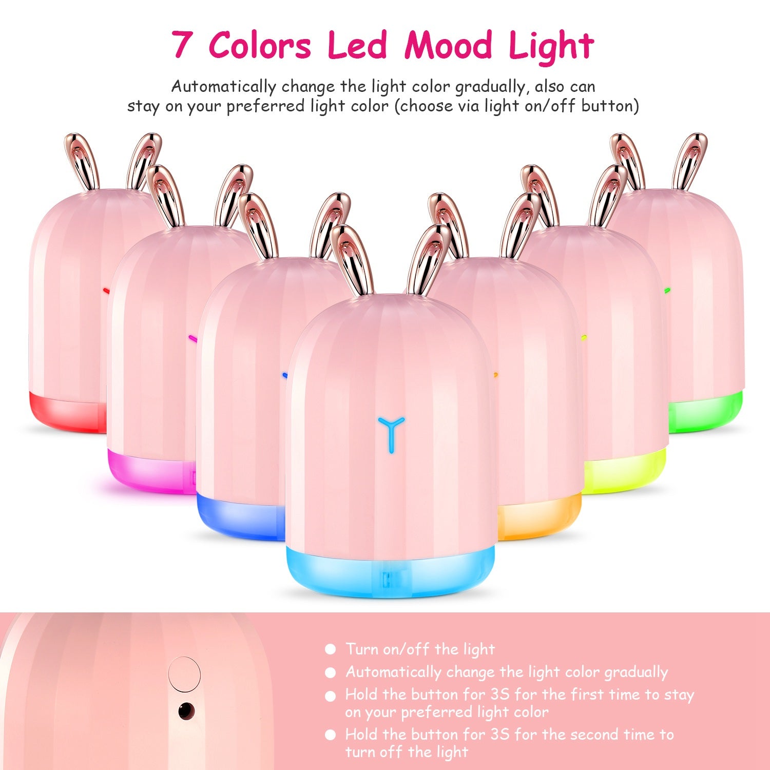 220ml Cool Mist Humidifier with 7-Color Breathing Lights — Ultrasonic Air Diffuser | Auto Shut-Off | Pink Rabbit & White Deer — Prime Trend Market